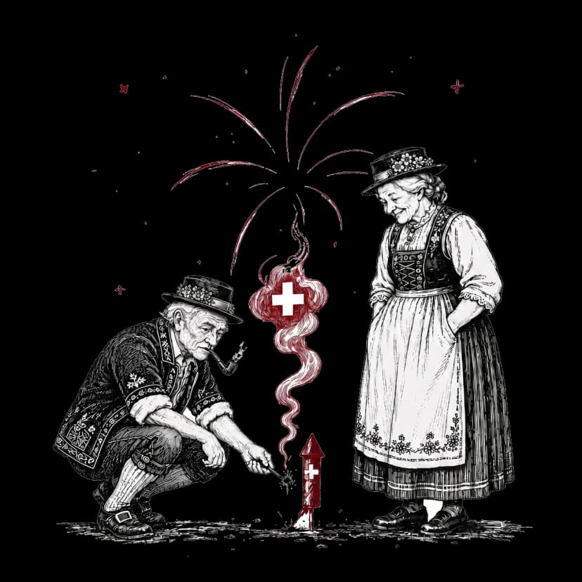 Illustration: Paar in Schweizer Tracht zündet eine Feuerwerksrakete